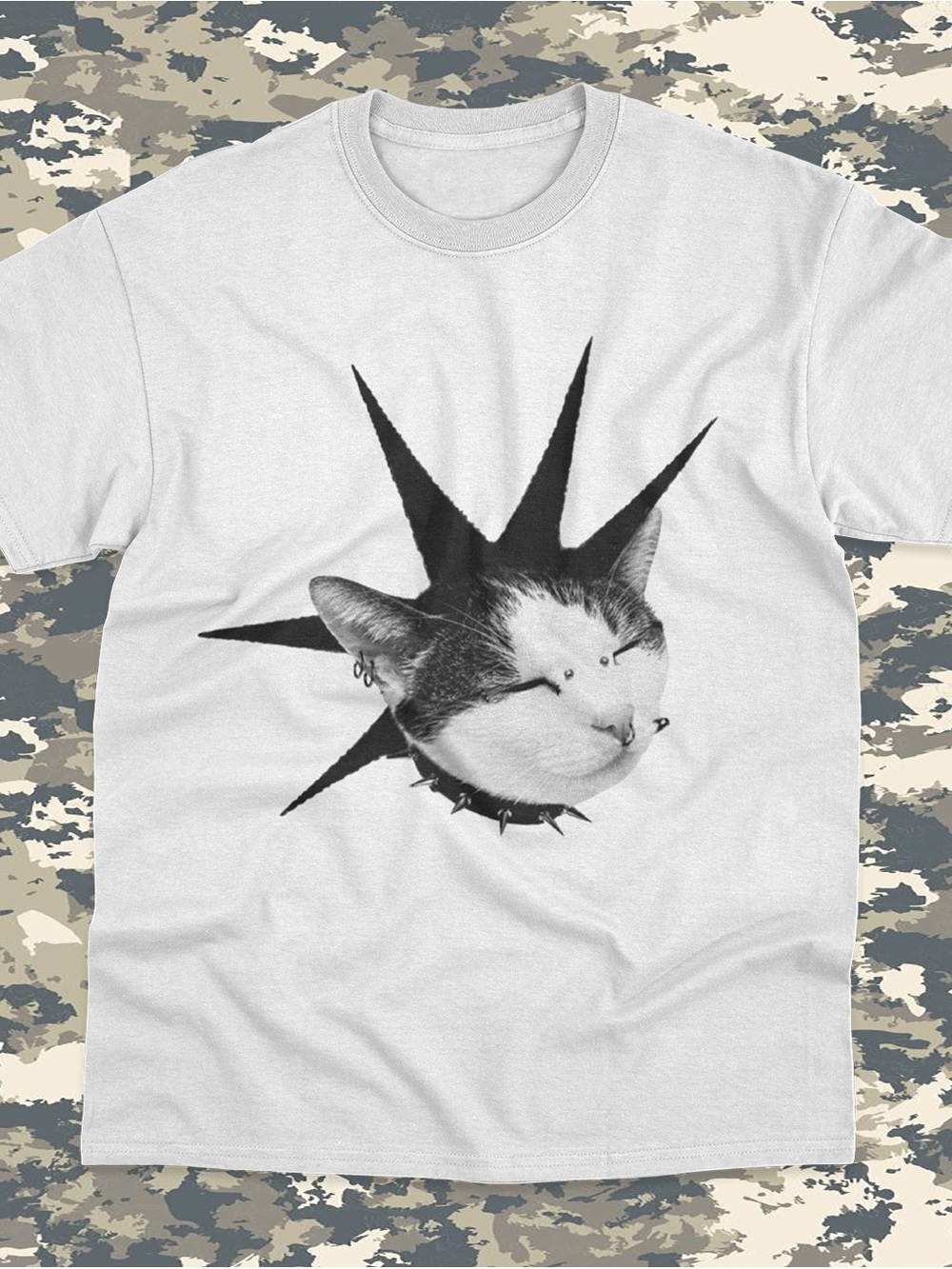 White Punk Cat Graphic T-Shirt - Unbranded